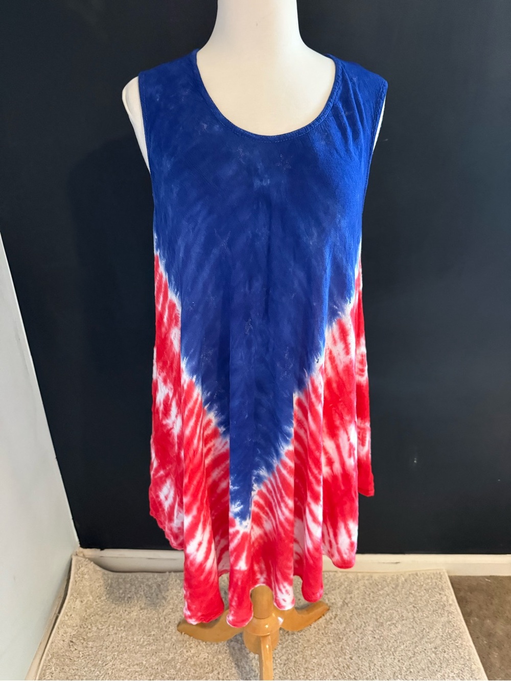 Sleeveless Tie-Dye Swing Tank Dress in Blue and Red Hippie Swim Coverup
